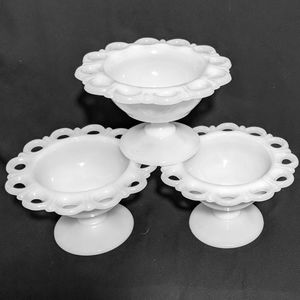 Set 3 Reticulated Milk Glass Compote Pedastal Bowl